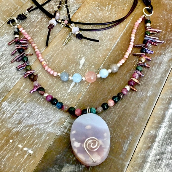 Pink Opal, Gemstone, Boho Leather Necklace - Picture 4 of 8